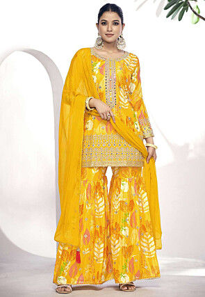 Digital Printed Chinon Chiffon Pakistani Suit in Mustard
