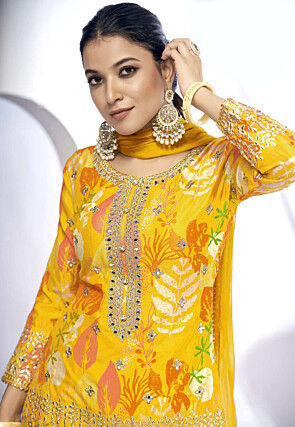 Digital Printed Chinon Chiffon Pakistani Suit in Mustard