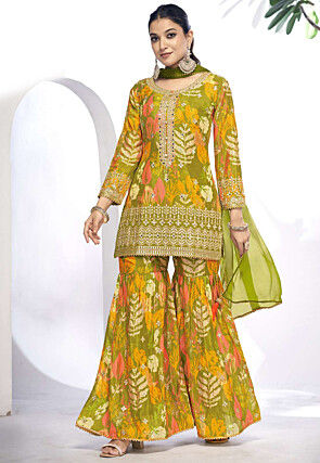 Digital Printed Chinon Chiffon Pakistani Suit in Olive Green