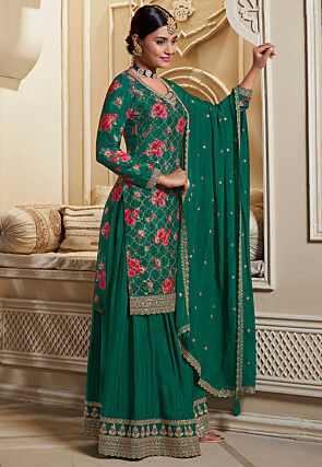 Digital Printed Chinon Chiffon Pakistani Suit in Teal Green