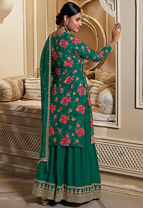 Digital Printed Chinon Chiffon Pakistani Suit in Teal Green