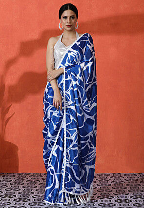 Digital Printed Chinon Chiffon Saree in Blue