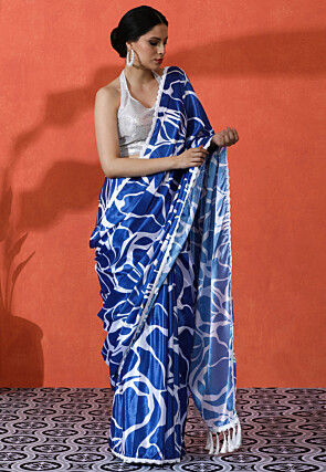 Digital Printed Chinon Chiffon Saree in Blue