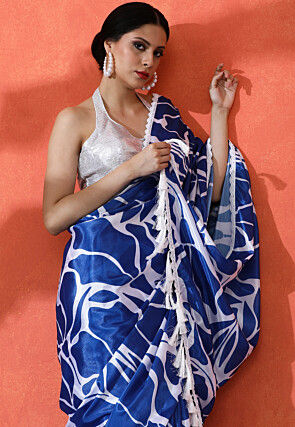 Digital Printed Chinon Chiffon Saree in Blue