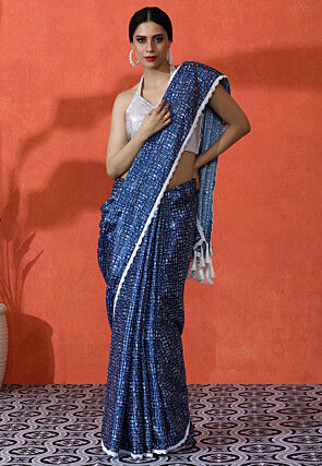 Digital Printed Chinon Chiffon Saree in Blue