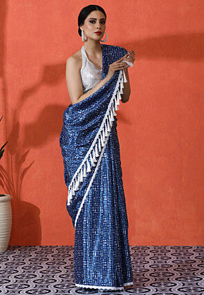 Digital Printed Chinon Chiffon Saree in Blue