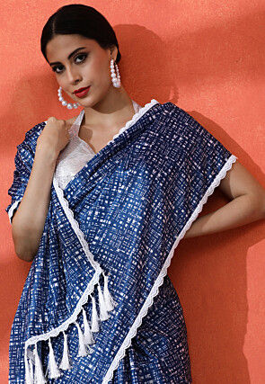 Digital Printed Chinon Chiffon Saree in Blue