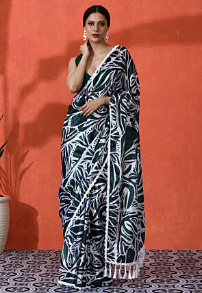 Digital Printed Chinon Chiffon Saree in Dark Green