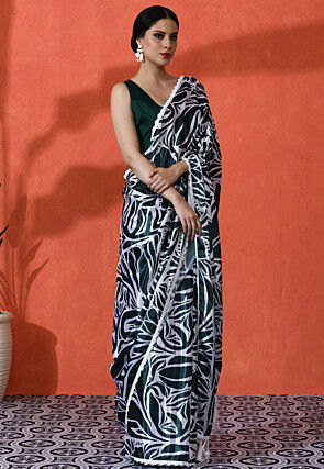 Digital Printed Chinon Chiffon Saree in Dark Green