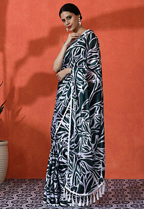 Digital Printed Chinon Chiffon Saree in Dark Green