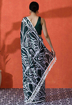 Digital Printed Chinon Chiffon Saree in Dark Green