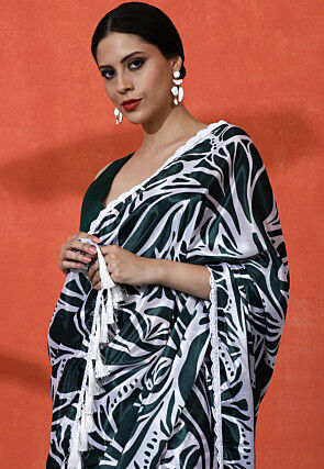 Digital Printed Chinon Chiffon Saree in Dark Green