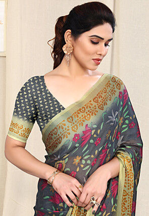 Digital Printed Chinon Chiffon Saree in Dark Grey