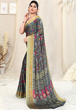Digital Printed Chinon Chiffon Saree in Dark Grey
