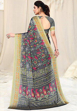 Digital Printed Chinon Chiffon Saree in Dark Grey