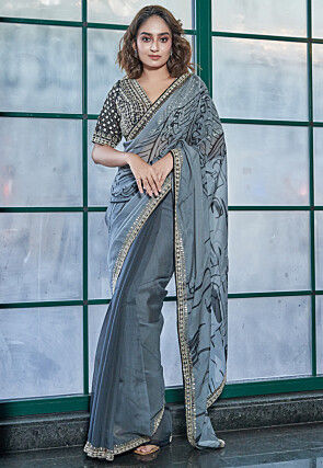 Pre-stitched Chinon Chiffon Saree in Grey