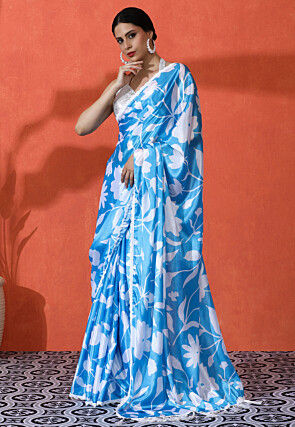 Digital Printed Chinon Chiffon Saree in Light Blue