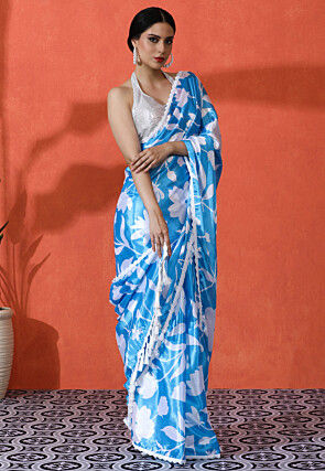 Digital Printed Chinon Chiffon Saree in Light Blue