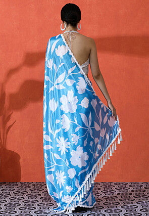 Digital Printed Chinon Chiffon Saree in Light Blue
