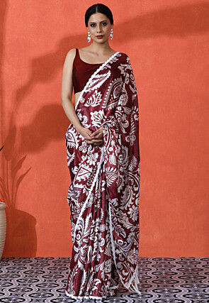 Digital Printed Chinon Chiffon Saree in Maroon