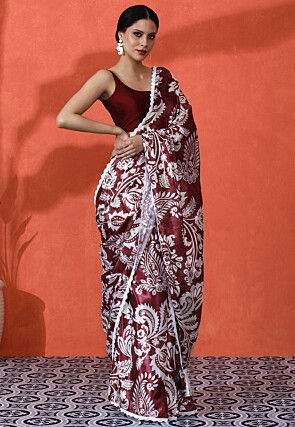 Digital Printed Chinon Chiffon Saree in Maroon