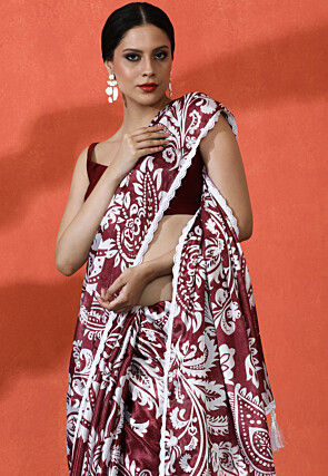 Digital Printed Chinon Chiffon Saree in Maroon