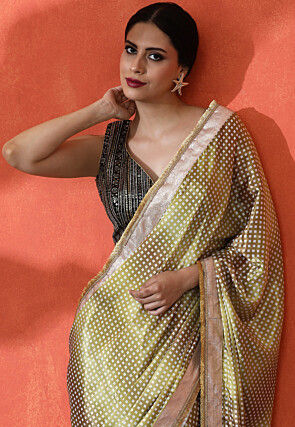 Digital Printed Chinon Chiffon Saree in Olive Green