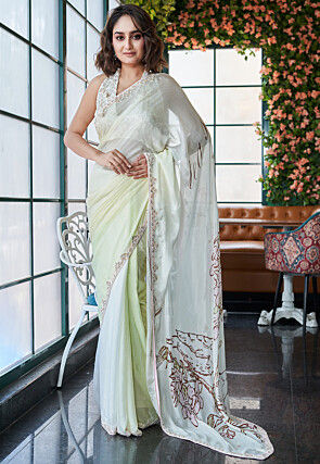 Pre-stitched Chinon Chiffon Saree in Pastel Green