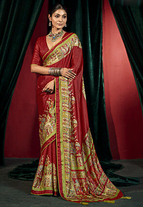 Digital Printed Chinon Chiffon Saree in Red