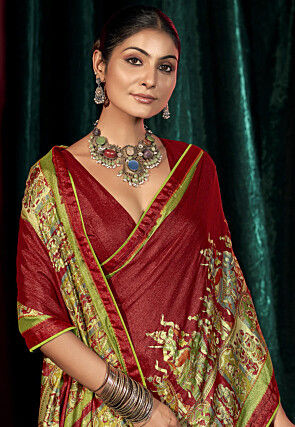 Digital Printed Chinon Chiffon Saree in Red