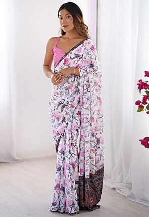Digital Printed Chinon Chiffon Saree in White