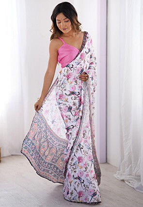 Digital Printed Chinon Chiffon Saree in White