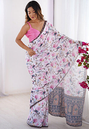 Digital Printed Chinon Chiffon Saree in White
