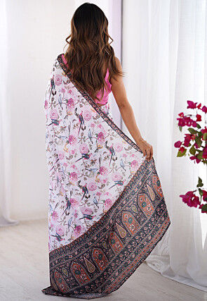 Digital Printed Chinon Chiffon Saree in White