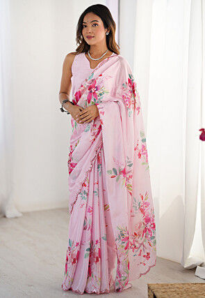 Digital Printed Chinon Chiffon Scalloped Saree in Baby Pink