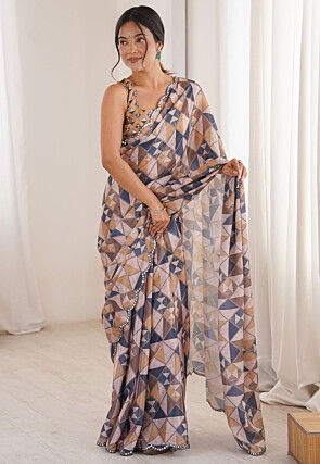 Digital Printed Chinon Chiffon Scalloped Saree in Beige and Blue