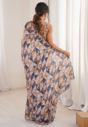 Digital Printed Chinon Chiffon Scalloped Saree in Beige and Blue