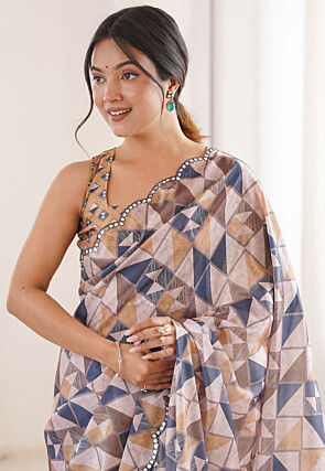 Digital Printed Chinon Chiffon Scalloped Saree in Beige and Blue