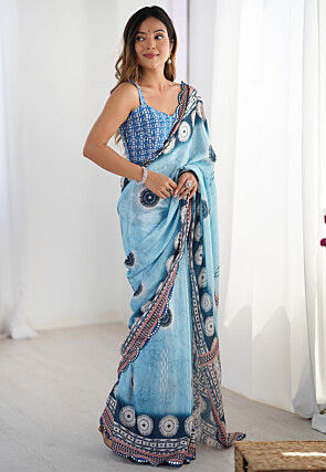 Digital Printed Chinon Chiffon Scalloped Saree in Blue