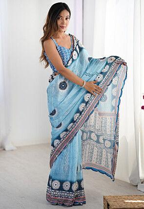 Digital Printed Chinon Chiffon Scalloped Saree in Blue