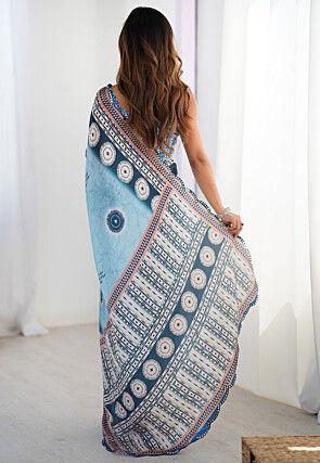 Digital Printed Chinon Chiffon Scalloped Saree in Blue