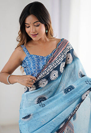 Digital Printed Chinon Chiffon Scalloped Saree in Blue