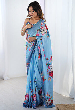 Digital Printed Chinon Chiffon Scalloped Saree in Blue