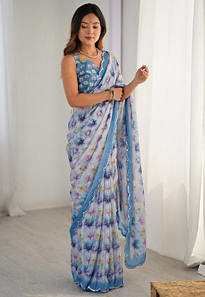 Digital Printed Chinon Chiffon Scalloped Saree in Blue