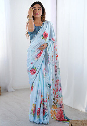 Digital Printed Chinon Chiffon Scalloped Saree in Blue