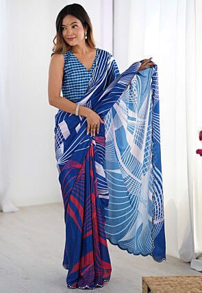 Digital Printed Chinon Chiffon Scalloped Saree in Blue