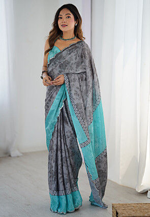 Digital Printed Chinon Chiffon Scalloped Saree in Grey