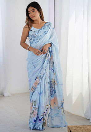 Digital Printed Chinon Chiffon Scalloped Saree in Light Blue