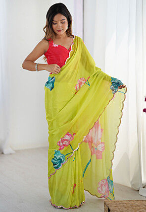 Digital Printed Chinon Chiffon Scalloped Saree in Light Green
