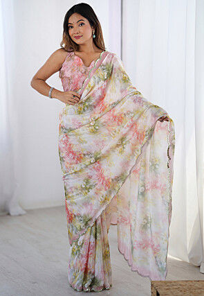 Digital Printed Chinon Chiffon Scalloped Saree in Multicolor